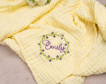 Personalized Baby Blanket Embroidered Cotton Muslin Baby Blanket with Name Newborn Blanket Custom Baby Swaddle Blanket for Baby Shower Gifts