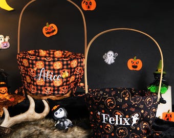 Personalized Halloween Basket Halloween Candy Bag with Halloween Pattern Liner Custom Embroidery Name Trick-or-Treat Basket for Kids Adults