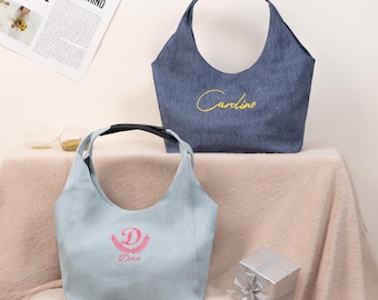 Denim Tote Bag Personalized Logo Tote Bag with Name Tote Bag for Bridesmaid Gift Bag Embroidered with Initials Beach Bag Wedding Favor Gifts