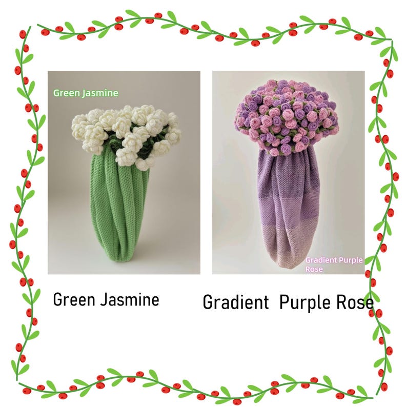 Puede incluir: Dos arreglos florales de ganchillo. A la izquierda, flores de jazm&iacute;n blancas en un jarr&oacute;n tejido de color verde claro, etiquetado Green Jasmine. A la derecha, un ramo de rosas moradas en un jarr&oacute;n tejido con degradado morado, etiquetado Gradient Purple Rose.