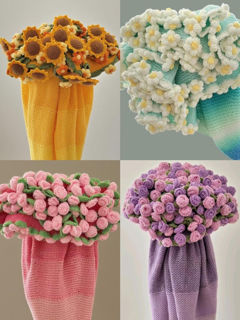 Puede incluir: Una colecci&oacute;n de cuatro toallas tejidas, cada una con un adorno floral distinto. Una toalla es amarilla con girasoles, una azul claro con margaritas blancas, una rosa con peque&ntilde;as rosas rosas y una morada con rosas moradas.