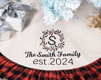 Personalized Christmas Tree Skirt Burlap and Plaid Monogrammed Family Christmas Decoration for Holiday Decor with Name for Housewarming Gift