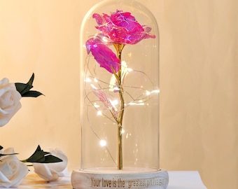 Personalized Rose Dome with LED Light Forever Rose for Mom Gift Galaxy Rose for Her Engraved Eternal Rose for Girlfriend's Anniversary Gifts