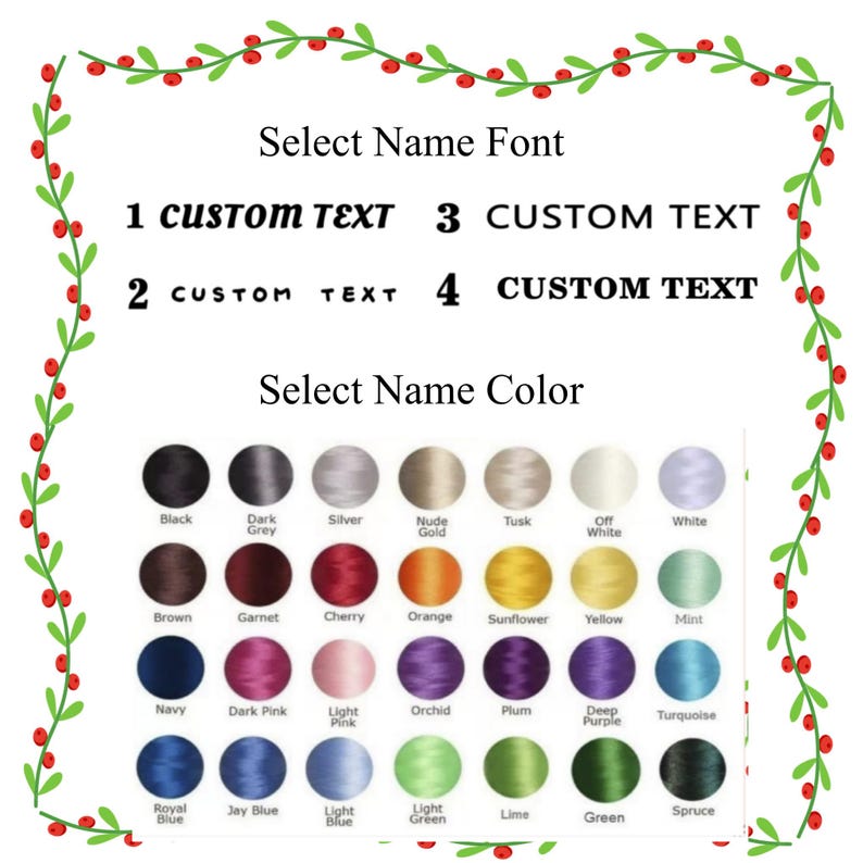 Puede incluir: Una tabla de selecci&oacute;n de fuentes y colores con un borde de enredadera verde y bayas rojas. El texto dice Select Name Font, 1 CUSTOM TEXT, 2 CUSTOM TEXT, 3 CUSTOM TEXT, 4 CUSTOM TEXT y Select Name Color, seguido de una cuadr&iacute;cula de 28 muestras de color circulares.