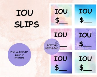 IOU Slips Cards set of 6 placeholders, Printable PDF, savings challenge, cash budgeting