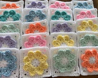 Lot of 20 5” Assorted Colors Raised Flower Granny Squares solid/variegated Homemade Hand Crocheted Blocks afghan throw pillow scarf TOTE Bag