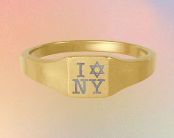 I Love NY Star of David Square Signet Ring, Stainless Steel