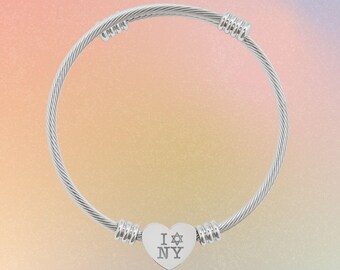 I Love NY Jewish Star Heart Cuff Bracelet | Engraved Jewish NYC Pride Charm