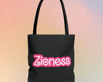 Zioness Jewish Pride Tote Bag | Pink Barbie Font Logo