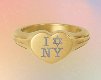 Stainless Steel I Love NY Jewish Star Heart Signet Ring (Engraving)