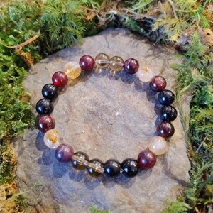 Kraft -Ruhe & Erdung Armband 8 mm aus 100% Natursteinen - Turmalin (Schörl), Rauchquarz, Citrin und Granat