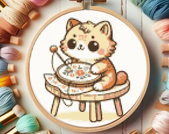 Cross stitch pattern Little embroiderer cat, Cross stitch cat, Cross Stiching Pattern, animal pattern, Instant PDF, Embroidery, DIY