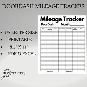 Puede incluir: Un rastreador de kilometraje imprimible en blanco y negro para conductores de DoorDash. El rastreador incluye columnas para la fecha, el número de entregas, los ingresos, el kilometraje inicial, el kilometraje final, el kilometraje total y las notas. El rastreador mide 8,5 pulgadas por 11 pulgadas y está disponible en formatos PDF y Excel.