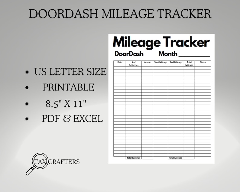 Door Dash Mileage Tracker Printable, Log Book Planner Taxes, Gig App ...