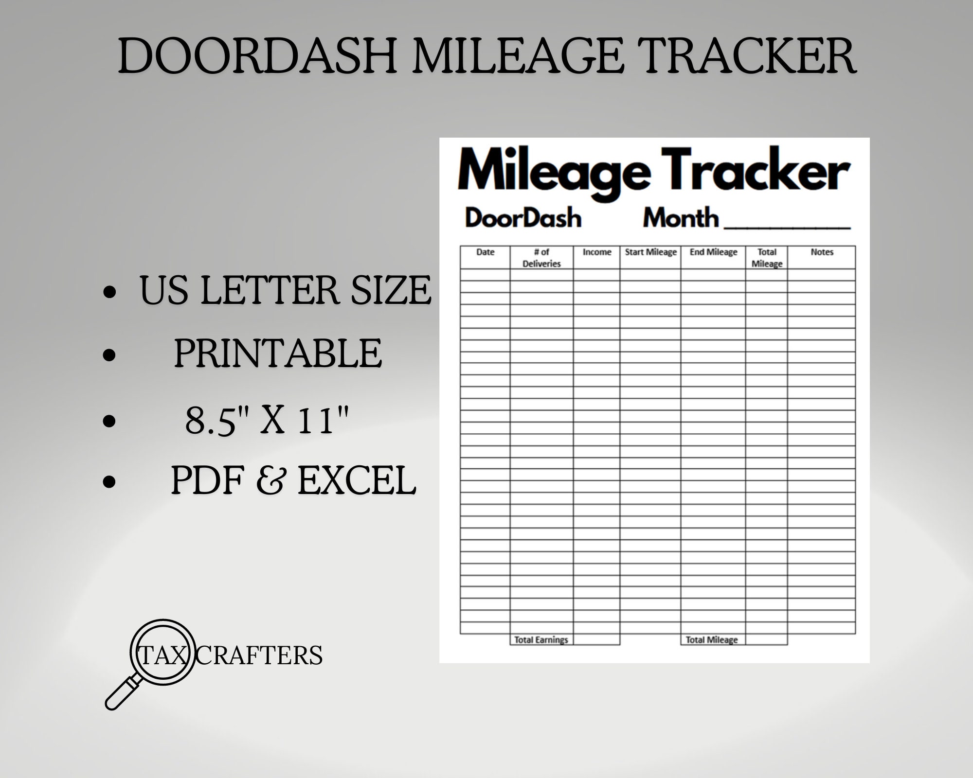 Door Dash Mileage Tracker Printable, Log Book Planner Taxes, Gig App