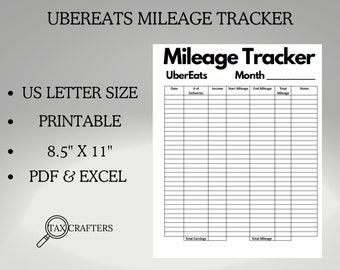 UberEats Mileage Tracker Printable, Log Book Planner Taxes, Gig App, Tracker Accessories, Delivery Driver