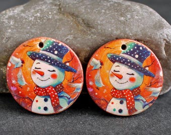 Polymer clay earring components. Pair  Earring charms. Christmas Snowman. Transferred image, lightweight. Made to Order.