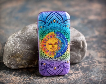 Sun and Moon.  Polymer clay & resin Cabochon. Transferred graphic design. Bead embroidery cabs. Lightweight. Made to Order. 1 x 2 inches