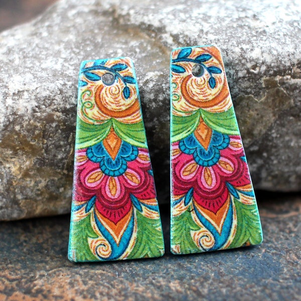 Polymer clay handmade earring components. Pair.    Transferred image, light weight clay charms. Colorful. Made to Order.