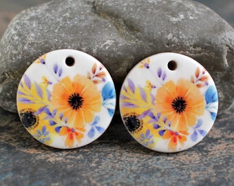 Polymer clay handmade earring pair. Boho style components.  Glazed ceramic look. Light weight clay charms. Made to Order. Watercolor flowers