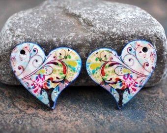 Polymer clay handmade earring components. Pair.    Heart beads. Transferred image, light weight clay charms. Colorful. Made to Order.