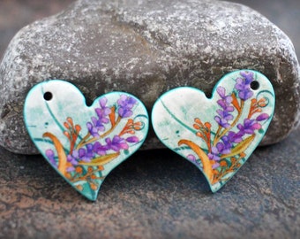 Polymer clay handmade earring components. Pair.    Heart beads. Transferred image, light weight clay charms. Colorful. Made to Order.