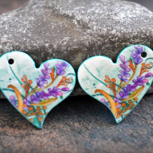 Polymer Clay handgefertigte Ohrring Komponenten. Paar.    Herz Perlen. Übertragen Bild, leichte Ton Charme. Bunt. Auf Bestellung.