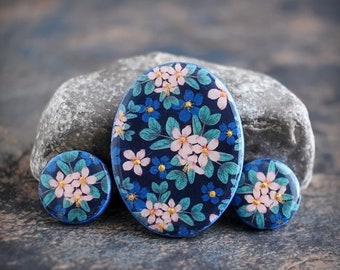 Sakura Polymer clay and resin Oval Cabochon Set. Transferred image graphic beads. Bead embroidery cabs. Made to Order 30 x 40 mm Blue