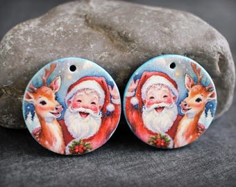 Polymer clay earring components. Pair of earring charms. Santa and reindeer. Transferred image, lightweight. Made to Order.