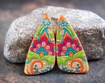 Polymer clay handmade earring components. Pair. Transferred image, light weight clay charms. Colorful. Made to Order.