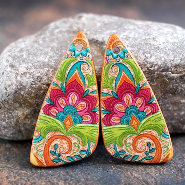 Polymer clay handmade earring components. Pair. Transferred image, light weight clay charms. Colorful. Made to Order.