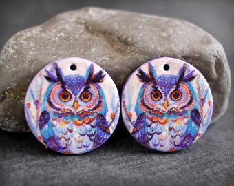 Polymer clay earring components. Pair of graphic polyclay charms. Transferred image, light weight, colorful. Made to Order. Birds Owl charms