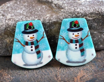 Polymer clay earring components. Pair  Earring charms. Christmas Snowmen beads. Transferred image, light weight clay charms. Made to Order.