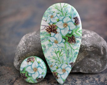Polymer clay and resin Manderley Cabochon Set. Transferred image. Bead embroidery cabs. Lightweight Made to Order Dogwood flowers. Pinecones