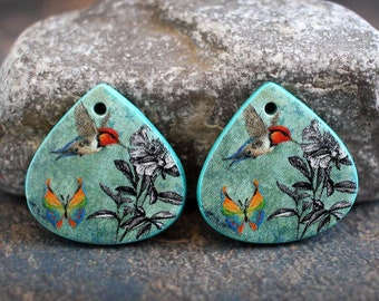 Polymer clay handmade earring components. Pair.  Transferred image, light weight clay charms. Colorful. Made to Order.