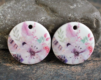 Polymer clay handmade earring pair. Boho style components.  Glazed ceramic look. Light weight clay charms. Made to Order. Flowers & feathers