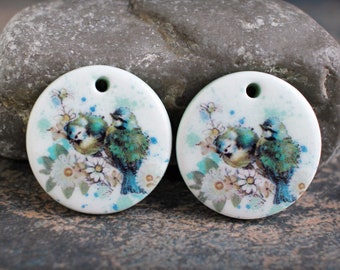 Polymer clay handmade earring pair. Boho style components.  Glazed ceramic look. Light weight clay charms. Made to Order. Birds couple.