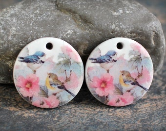 Polymer clay handmade earring pair. Boho style components.  Glazed ceramic look. Light weight clay charms. Made to Order. Birds on branch.