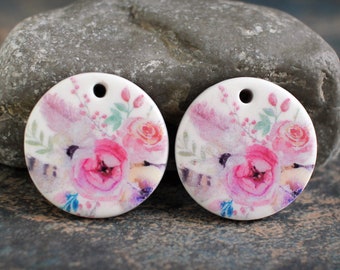 Polymer clay handmade earring pair. Boho style components.  Glazed ceramic look. Light weight clay charms. Made to Order. Flowers & feathers