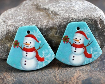 Polymer clay earring components. Pair  Earring charms. Christmas Snowmen beads. Transferred image, light weight clay charms. Made to Order.