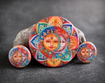 Sun Moon Mandala. Polymer clay and resin Cabochon Set. Transferred image. Bead embroidery cabs. Made to Order 45mm Mandala cabochon