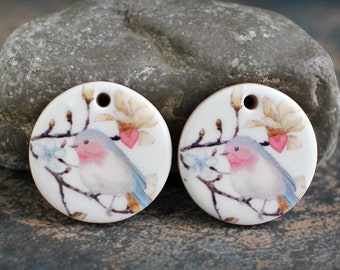 Polymer clay handmade earring pair. Boho style components.  Glazed ceramic look. Light weight clay charms. Made to Order. Birds on branch.