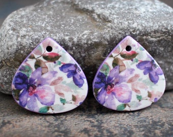 Artisan earring components Polymer clay Transferred image light weight Pair Graphic charms. Made to Order. Flower beads. Floral beads.