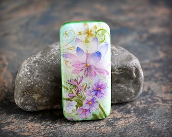 Lavender Lime floral.  Polymer clay and resin Cabochon. Transferred image. Bead embroidery cabs. Lightweight. Made to Order. 1 x 2 inches