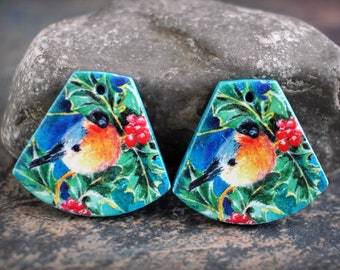 Polymer clay earring components. Pair Earring charms Christmas charms Transferred image, light weight. Made to Order. Cherries. Sparrows.