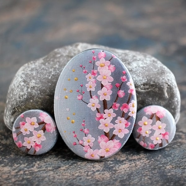 Sakura Polymer clay and resin Oval Cabochon Set. Transferred image graphic beads. Bead embroidery cabs. Made to Order 30 x 40 mm
