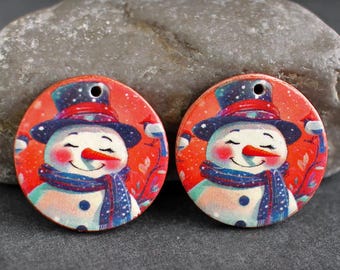 Polymer clay earring components. Pair  Earring charms. Christmas Snowman. Transferred image, lightweight. Made to Order.