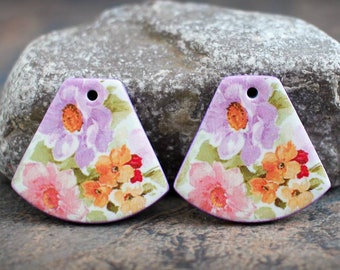 Artisan earring components Polymer clay Transferred image light weight Pair Graphic charms. Made to Order. Flower beads. Floral beads.