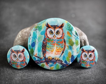 Owl cabochon set. Polymer clay and resin Cabochon Set. Transferred image. Bead embroidery cabs. Made to Order. Bird Owls 45mm cabochon