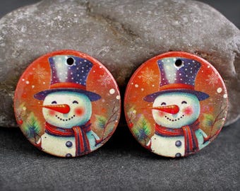 Polymer clay earring components. Pair  Earring charms. Christmas Snowman. Transferred image, lightweight. Made to Order.